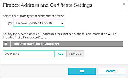 Screenshot of Firebox, IKEv2 Firebox Address and Certificate Settings